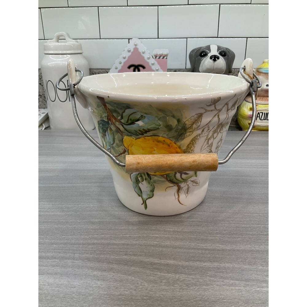 MAXCERA LEMONS COLLECTION CERAMIC PAIL BUCKET WITH‎ WOOD HANDLE - Picture 11 of 13